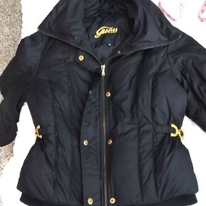 Guess Black Down Winter Puff Snap Zip Gold Button  Jacket Sz M